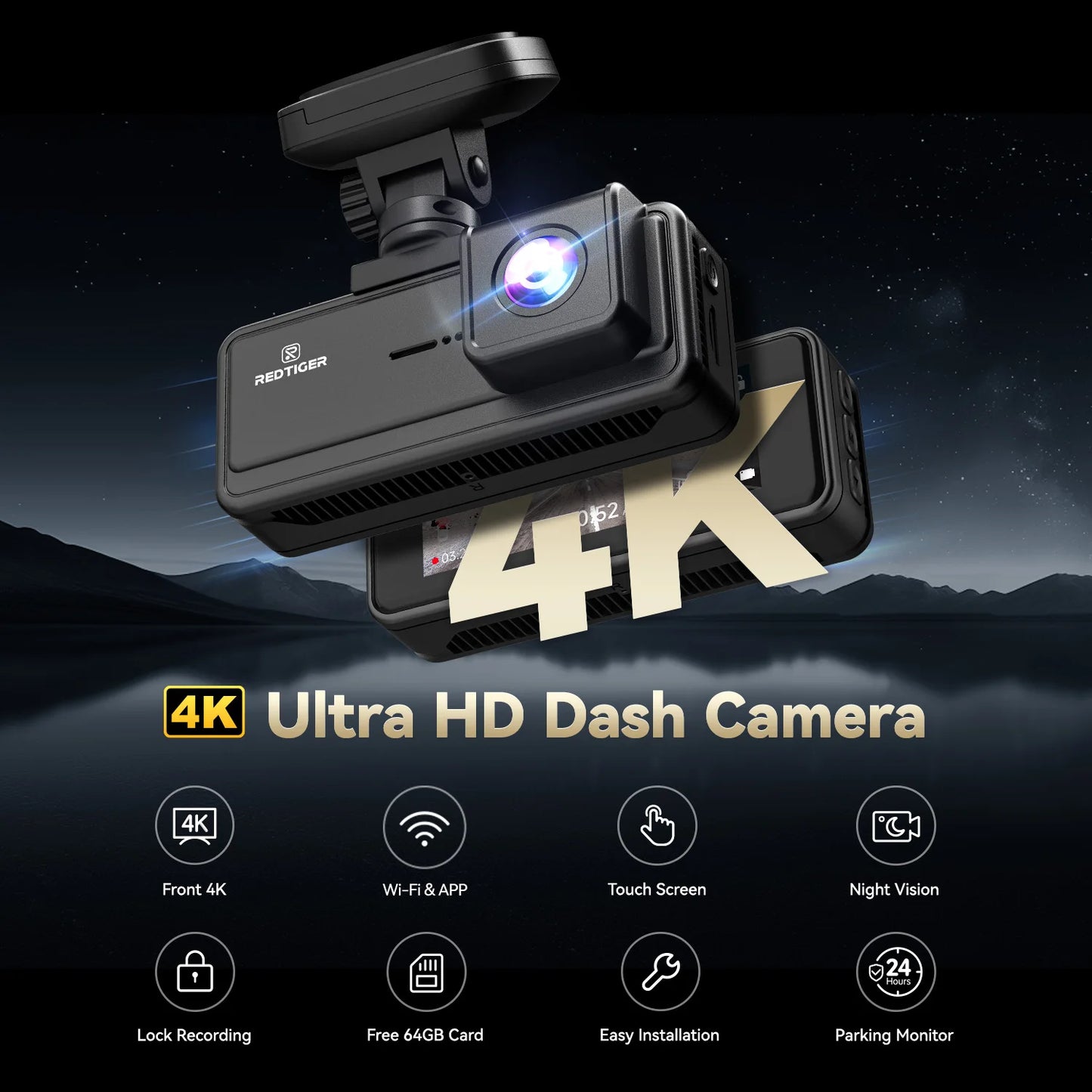 REDTIGER A8 4K Dual Dash Cam Front And Rear  Car Cam 3.18" IPS Touch Screen Built-in 5.8Ghz WiFi GPS Car DVR Night Vision