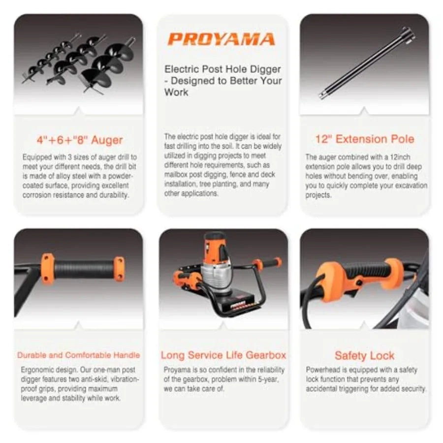 Electric Post Hole Digger 1700W Corded Earth Auger with 4 6 8 Drill Bit 12 Extension Rod Reverse Control 5-Year Warrant