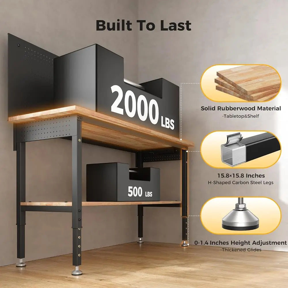 Adjustable Height 60 Workbench with Storage, Heavy Duty Rubberwood Top, LED Light, Power Strip for Workshops and Garages