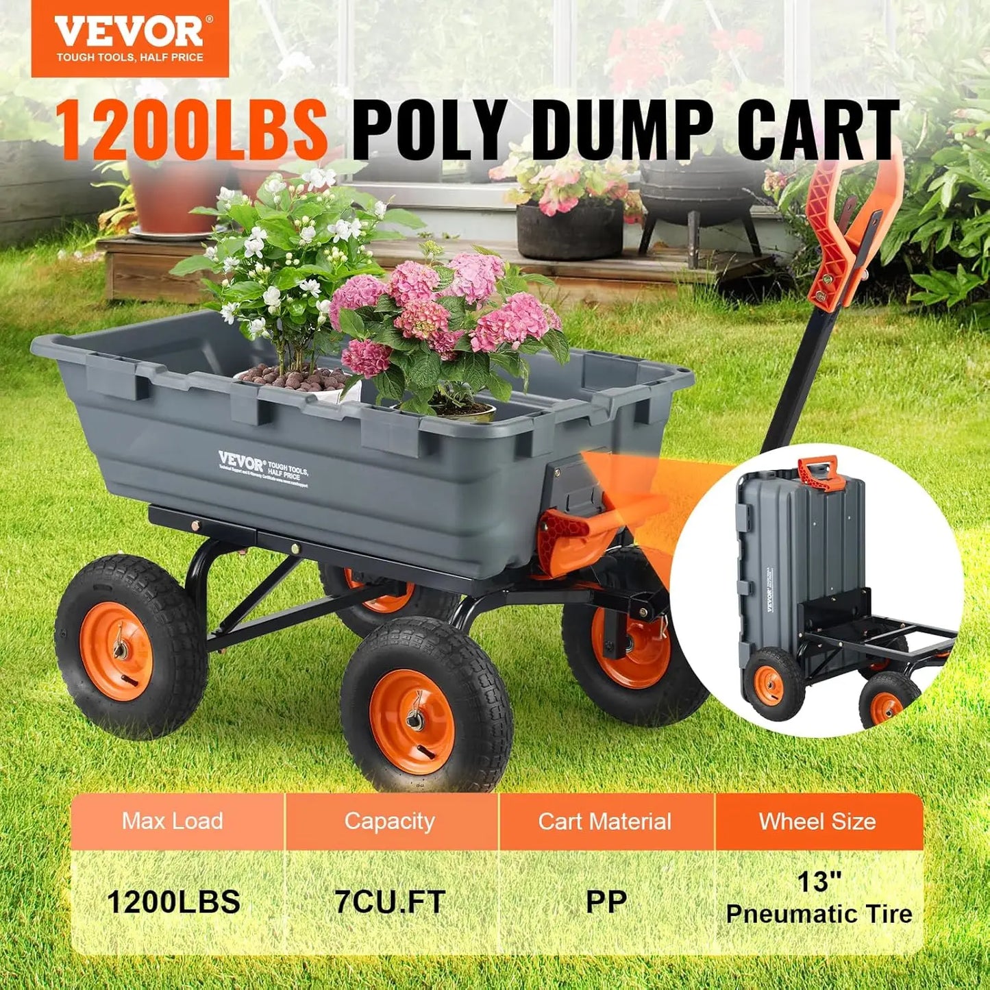 1200lbs 7Cu.Ft. Garden Dump Cart with 2-in-1 Convertible Handle and 13in All Terrain Wheels,
