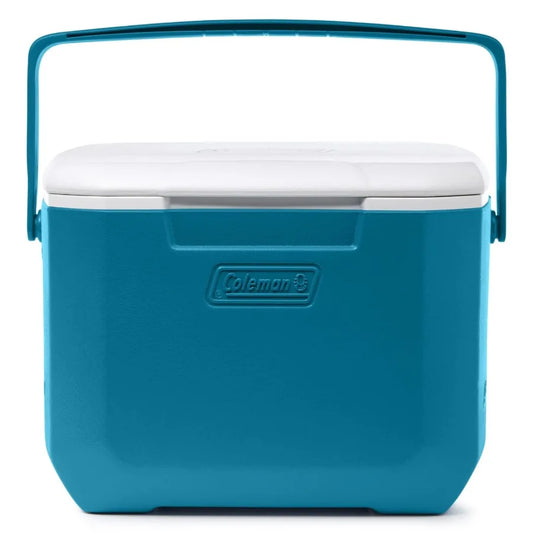 Portable hard cooler for outdoor use, durable plastic body, blue color, 16-quart capacity with 11-can storage and extended ice