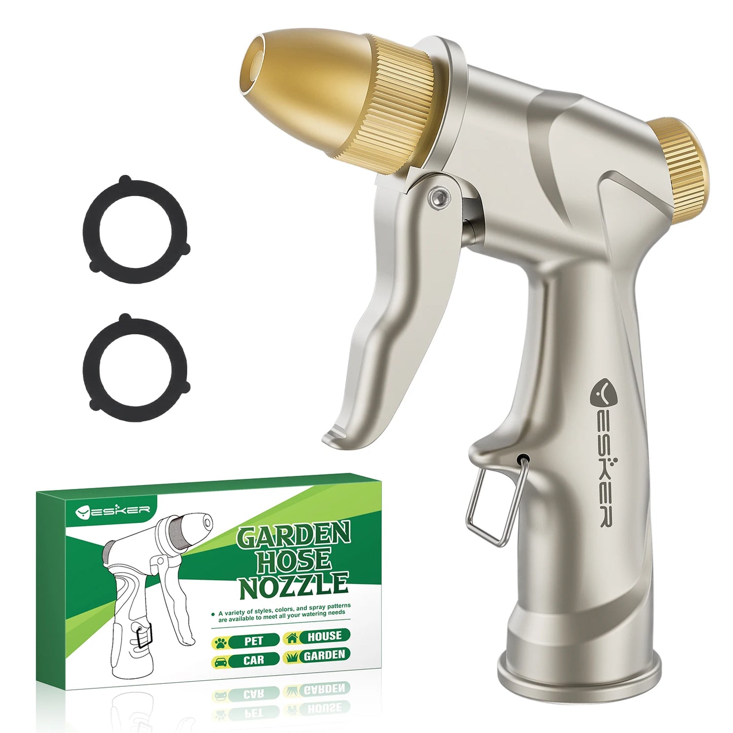 Yesker Garden Hose Nozzle, Water Hose Sprayer Nozzle Adjustable 4 Spray Patterns Heavy Duty Handheld 100% Metal Brass Water Nozzles for Hose Outdoor Watering Plants Lawns Garden Washing Cars Pets Home