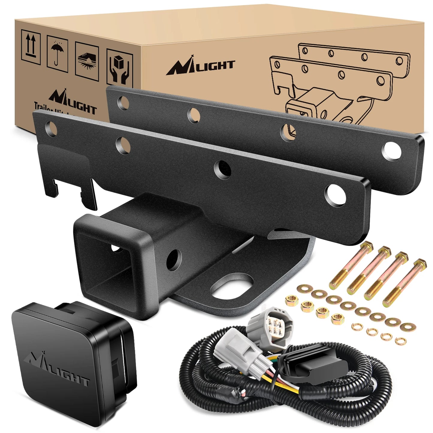 Nilight 2' Inch Rear Bumper Tow Trailer Hitch Receiver Kit, Compatible for 2007-2018 Jeep Wrangler JK 4 Door & 2 Unlimited, W/4-Pin Wiring Harness (Exclude JL Models)