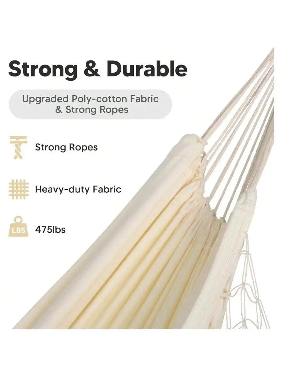 Portable Heavy Duty 2 Person Camping Hammock With Tassels Beige