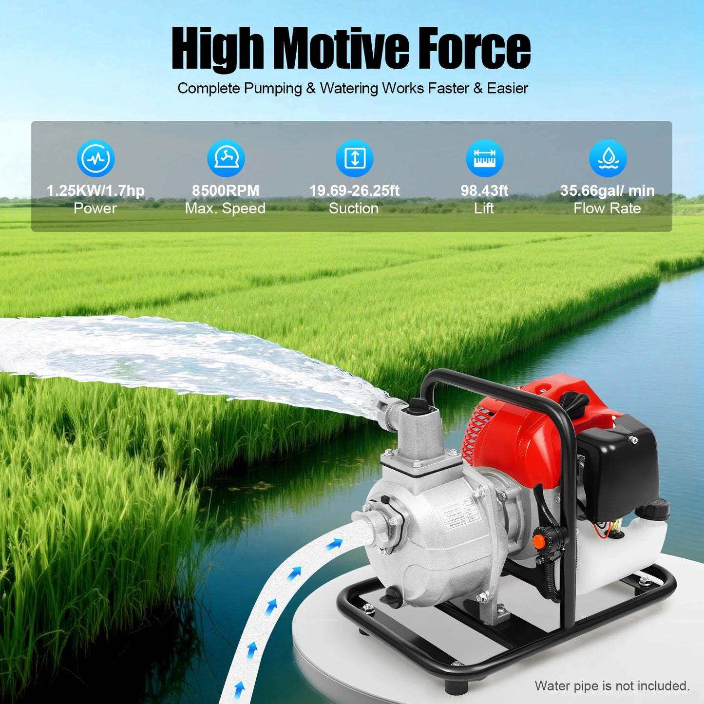 1.25KW Gasoline Engine Water Pump, 2-stroke Engine Water Pump, 43CC Water Transfer Pump for Irrigation Landscaping
