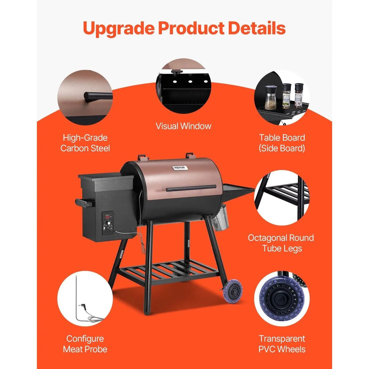 Electric Grill Smoker 8.1 Square Inches Digital Controller Outdoor Cooking Steel Body Chrome Plated With Meat Probe 500F Max BBQ