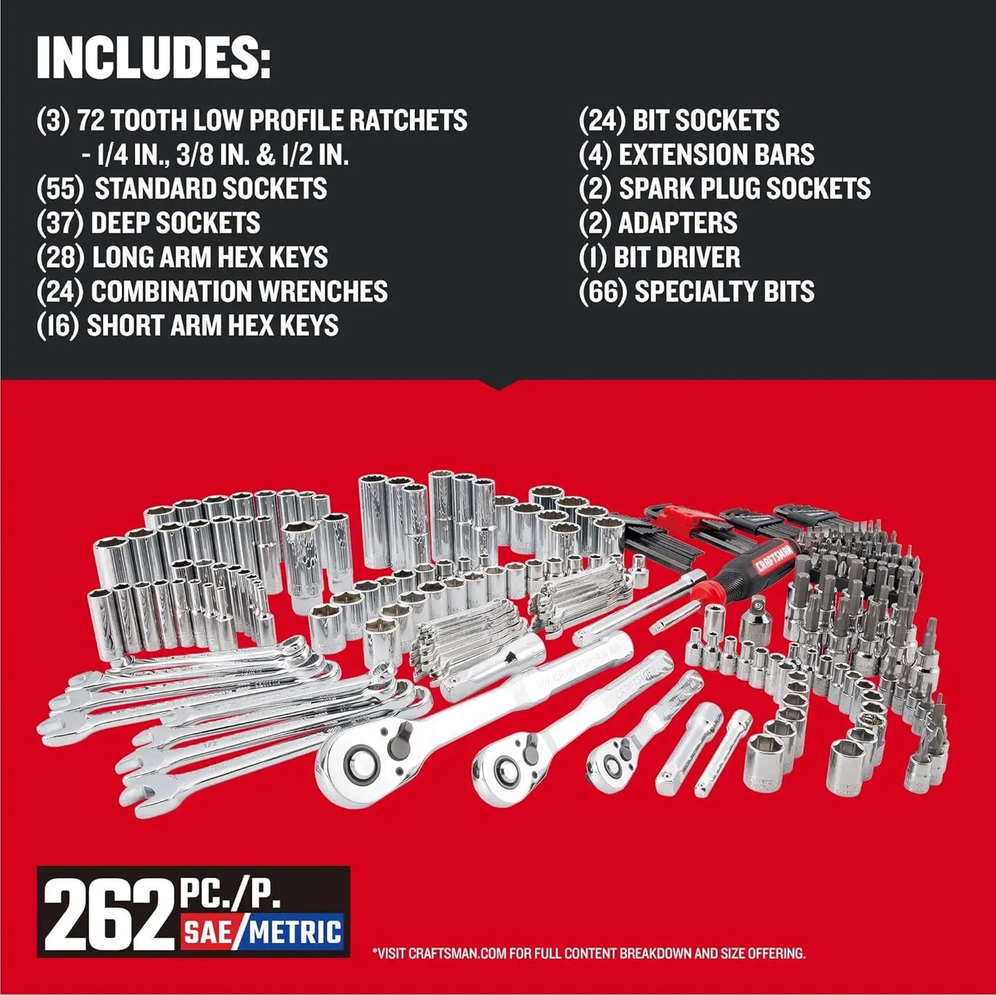 262-Piece Mechanic Tool Set with 3-Drawer Box, SAE & Metric Sockets, Car & Motorcycle Tool Kit with Wrenches & Spark Plug Sockets