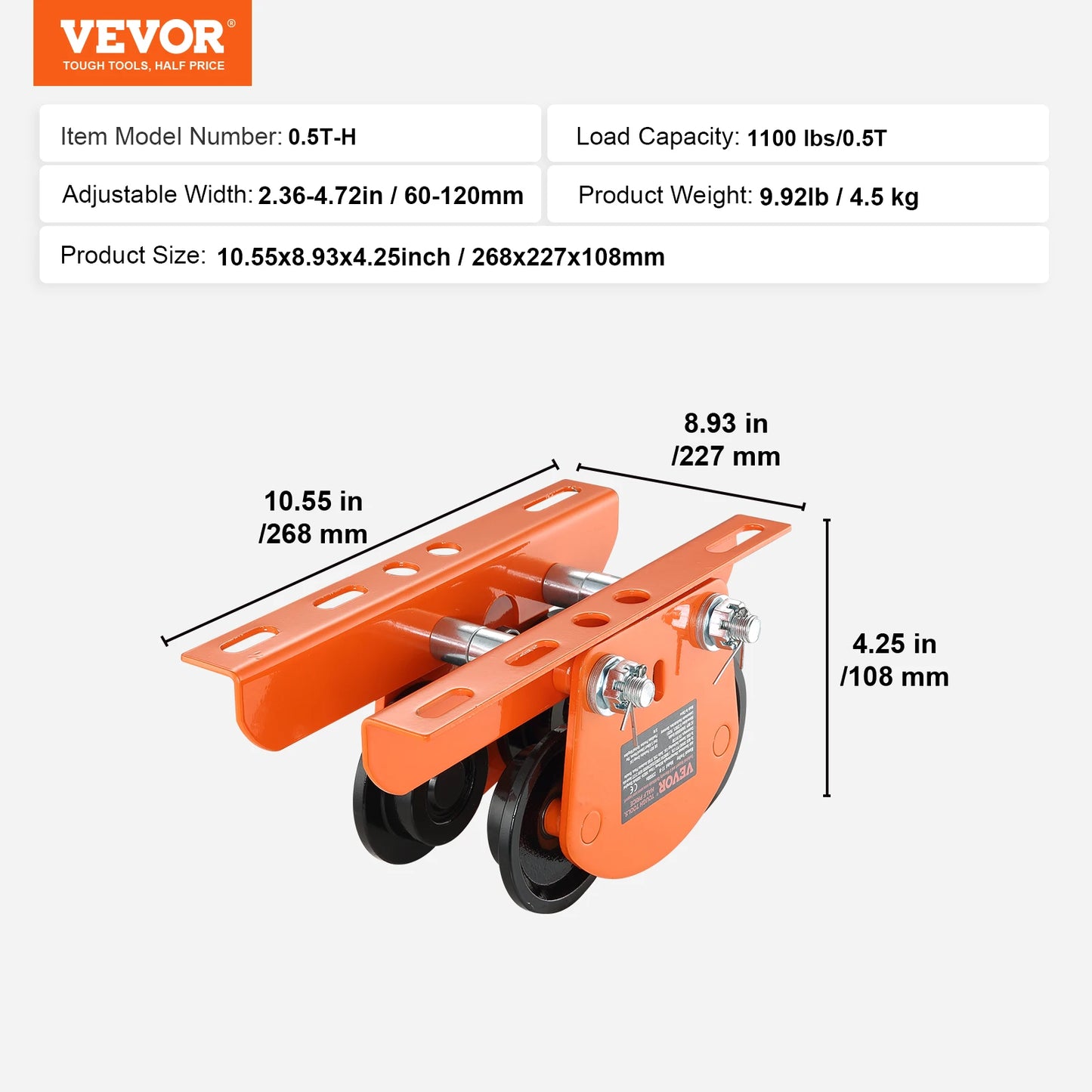 SucceBuy Electric Hoist Manual Trolley 0.5/1 Ton Capacity for PA200 PA250 PA300 PA400 PA500 Push Beam Trolley with Dual Wheels