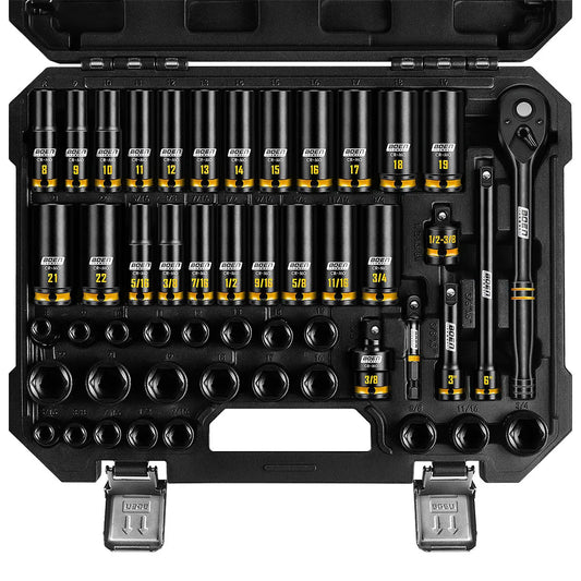 boen 3/8'' Drive Impact Socket Set, 50PCS Standard SAE (5/16 to 3/4 inch) and Metric (8mm-22mm), Deep & Shallow Size, 6-Point wi