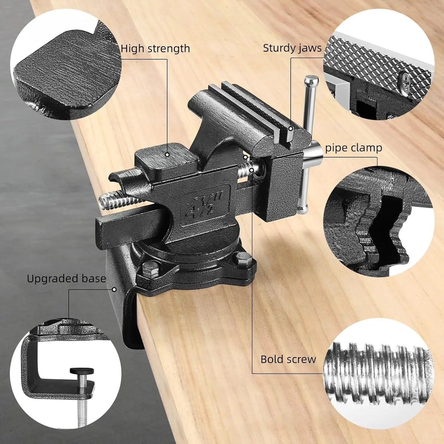 4.5" Heavy Duty Bench Vise with 270° Swivel Base, Ideal for Woodworking, Welding, and DIY Projects