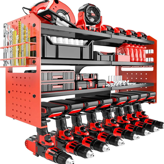 Metal Power Tool Organizer Wall Mount with Screwdriver Holder, Garage Storage Shelves for Drills and Pliers in Red