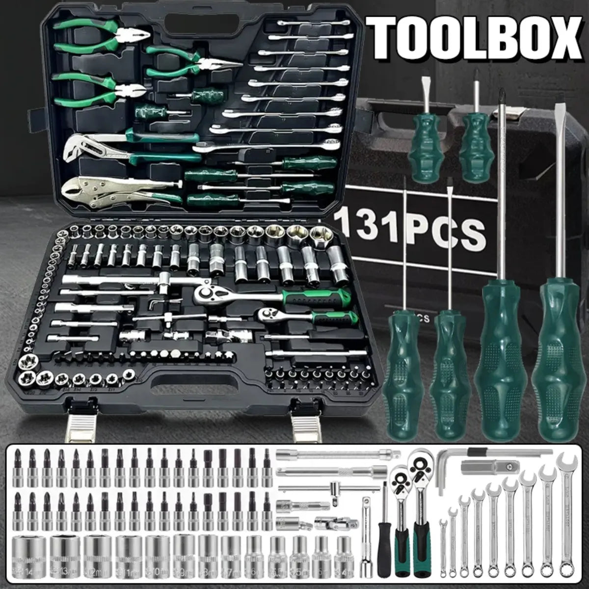131-Piece Chrome Vanadium Steel 72-Tooth Quick Ratchet Wrench Dual-purpose Wrench Link Pearl Nickel Sleeve Tool Set