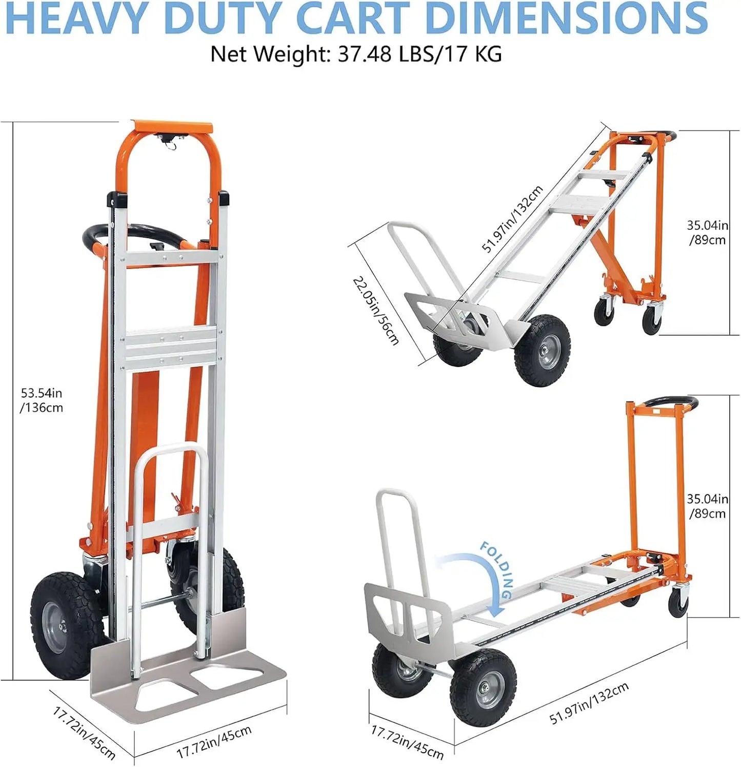 4 in 1 Convertible Hand Truck Folding Hand Truck Dolly Cart with Solid Wheel 1000LBS Heavy Duty Aluminum Hand Dolly