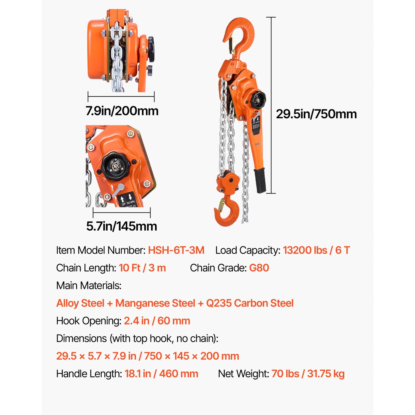 SucceBuy Manual Lever Chain Hoist 1-1/2T / 3T / 6T  Capacity Come Along 10FT/ 20FT Lift G80 Alloy Steel Chain 360°Rotating Hooks
