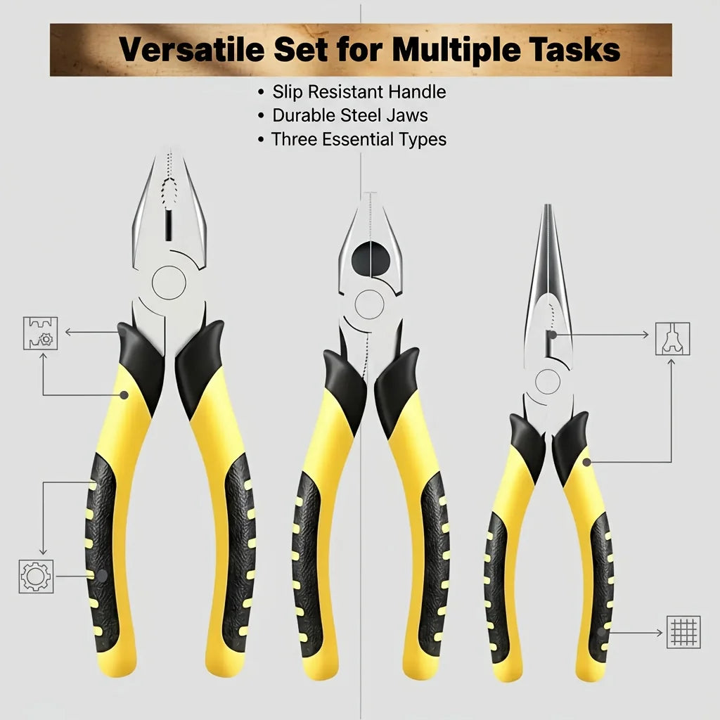 Set of 3 Pliers, 8 Inches Each, Designed for Industrial Use. These Versatile Tools Include Wire Cutters, Needle-Nose Pliers, And