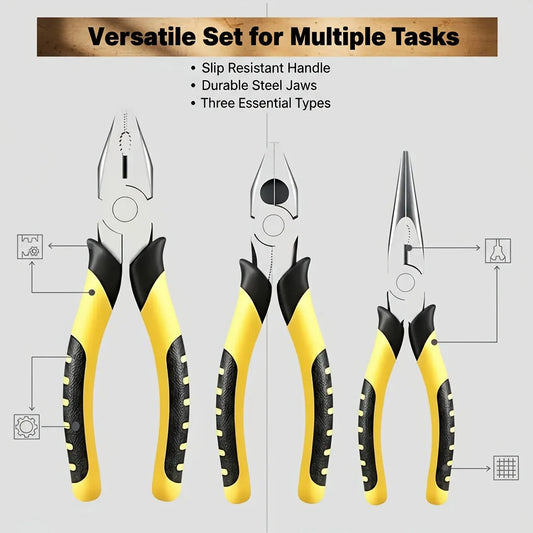 Set of 3 Pliers, 8 Inches Each, Designed for Industrial Use. These Versatile Tools Include Wire Cutters, Needle-Nose Pliers, And