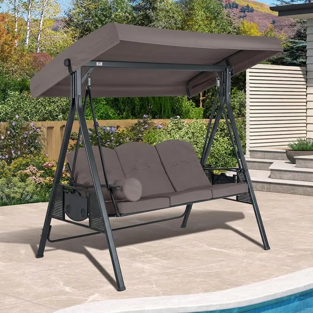 Adjustable Canopy 3-Seat Outdoor Porch Swing Chair Bench with Cup Holder Cushion Pillow for Patio Backyard Lawn, Custom