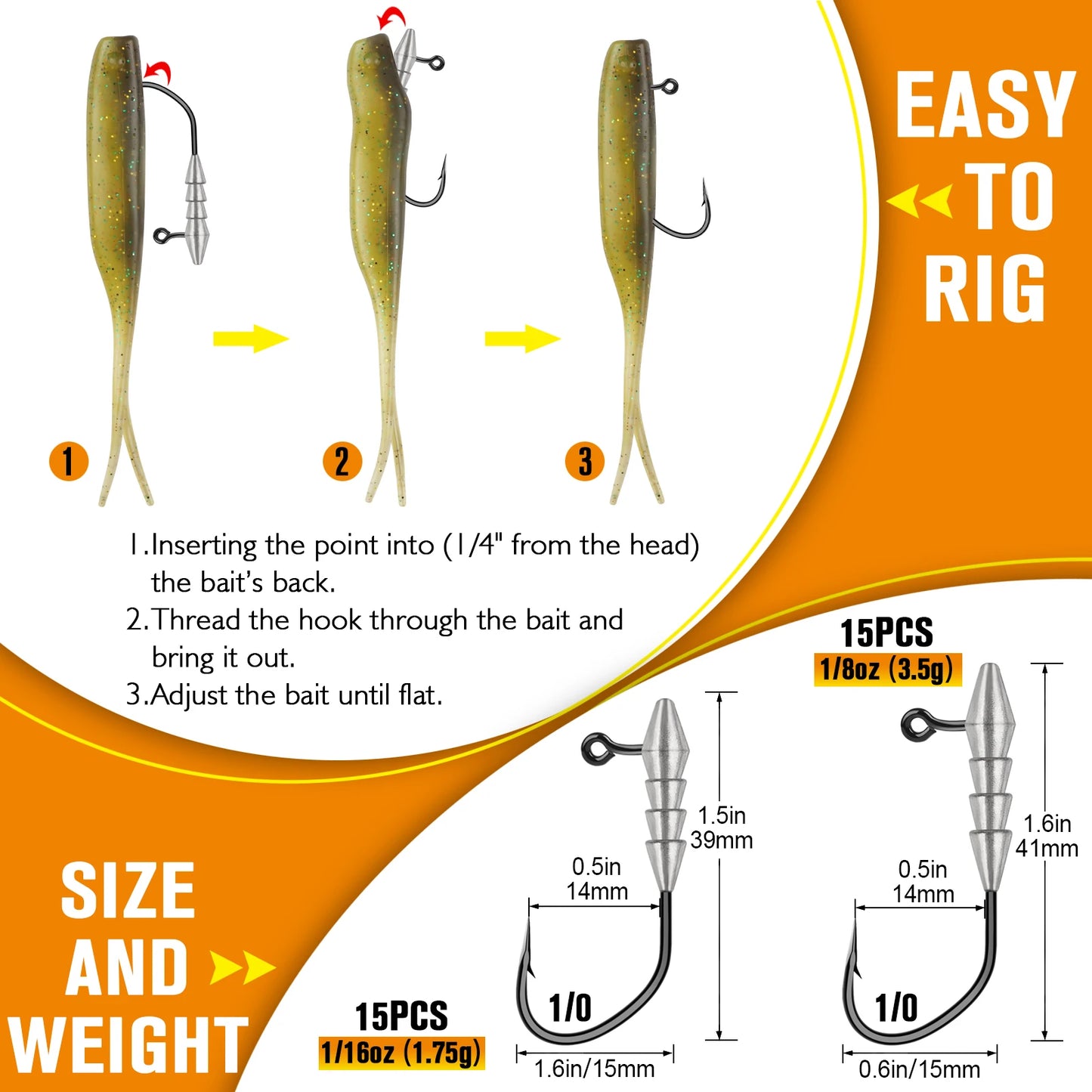 15PCS Hover Rig Jighead Swimbait Jig Heads for Bass Fishing Bass Hooks 1/0 Hover Strolling Rig Kit Fishing Jig Heads1/16OZ 1/8OZ