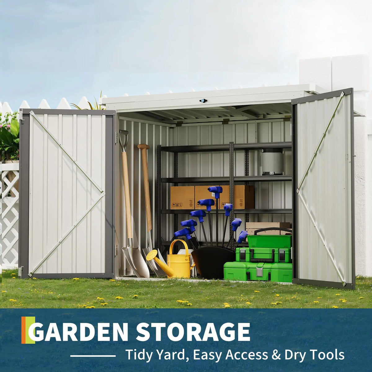 5.8 x 3.3 FT Outdoor Trash Storage Shed, 80 Cu Ft Galvanized Steel Garden Tool Cabinet With Sloped Roof, Latch & Gas Struts