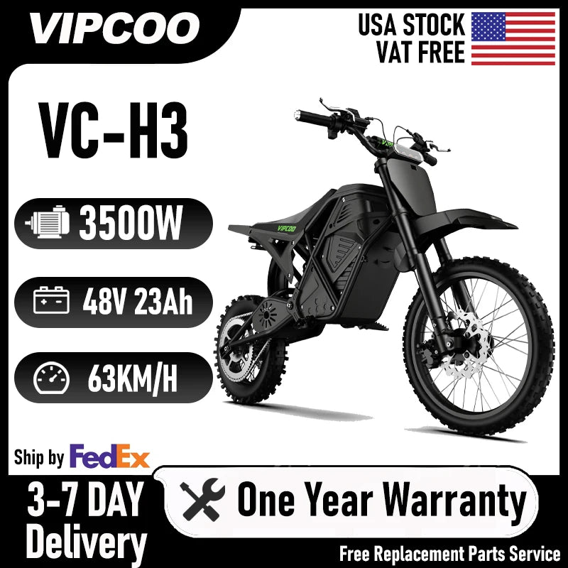 VIPCOO H3 Electric Dirt Bike 3500W 48V23AH Electric Motorcycle Fat Tire Nitrogen Suspension E Dirt Bike for Teens and Adults
