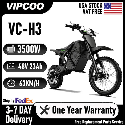 VIPCOO H3 Electric Dirt Bike 3500W 48V23AH Electric Motorcycle Fat Tire Nitrogen Suspension E Dirt Bike for Teens and Adults