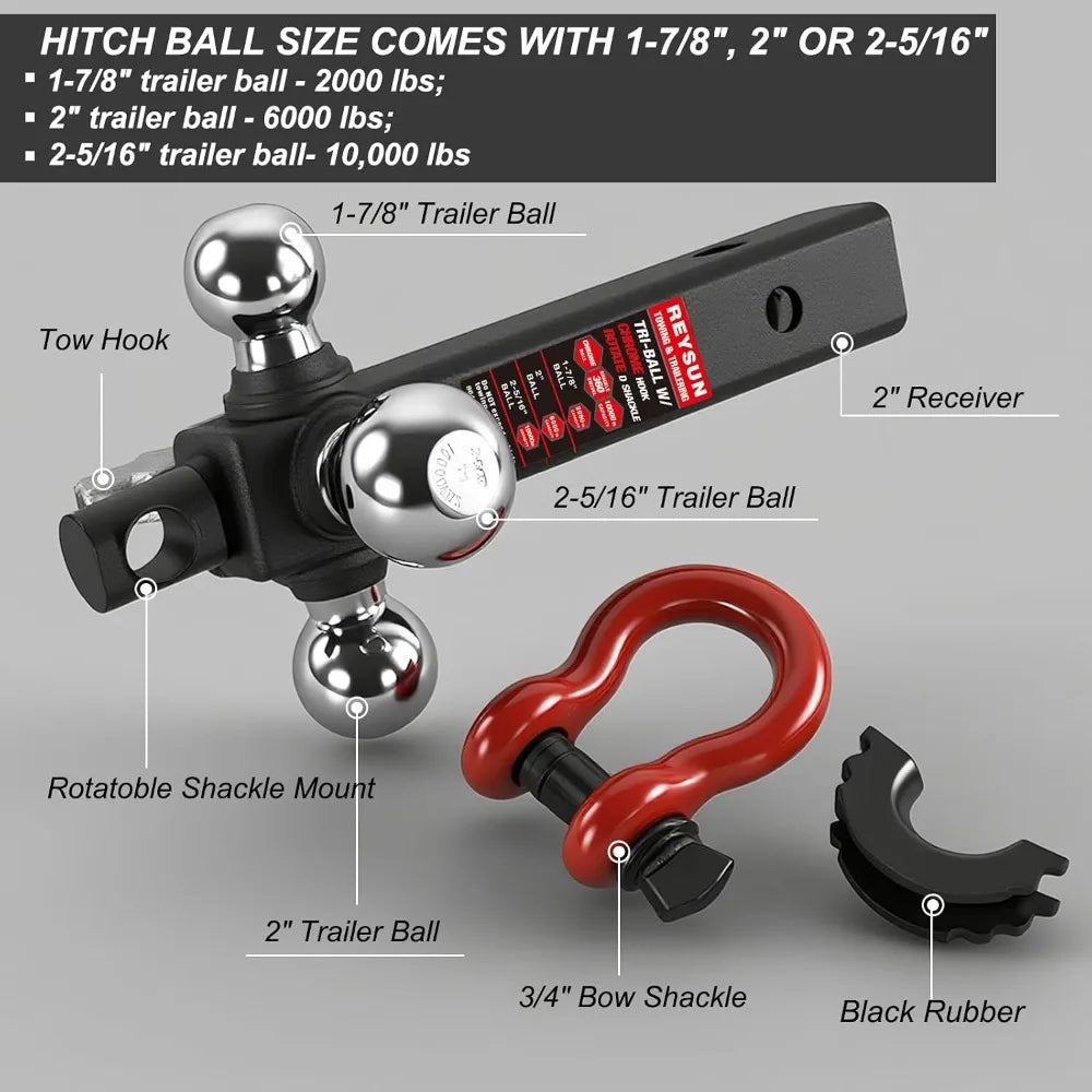 3-Ball Hitch Mount with Swivel Shackle & Tow Hook, Fits 2" Receiver, 1-7/8", 2", 2-5/16" Balls, 5/8" Lock Pin