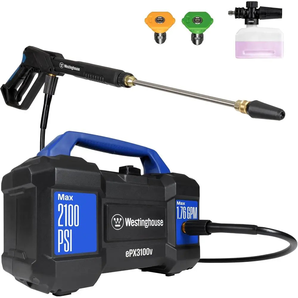 2100 PSI Electric Pressure Washer, 1.76 GPM, Portable Handle, Detachable Soap Cannon, Steel Wand, 3-Nozzle Kit for Cars, Surface