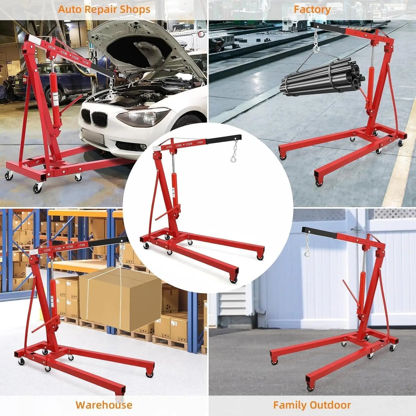 Cherry Picker Engine Hoist, Folding Engine Crane, 2 Ton 4400lb Engine Hoist Lift, Heavy Duty Hydraulic Engine Shop Crane with 6