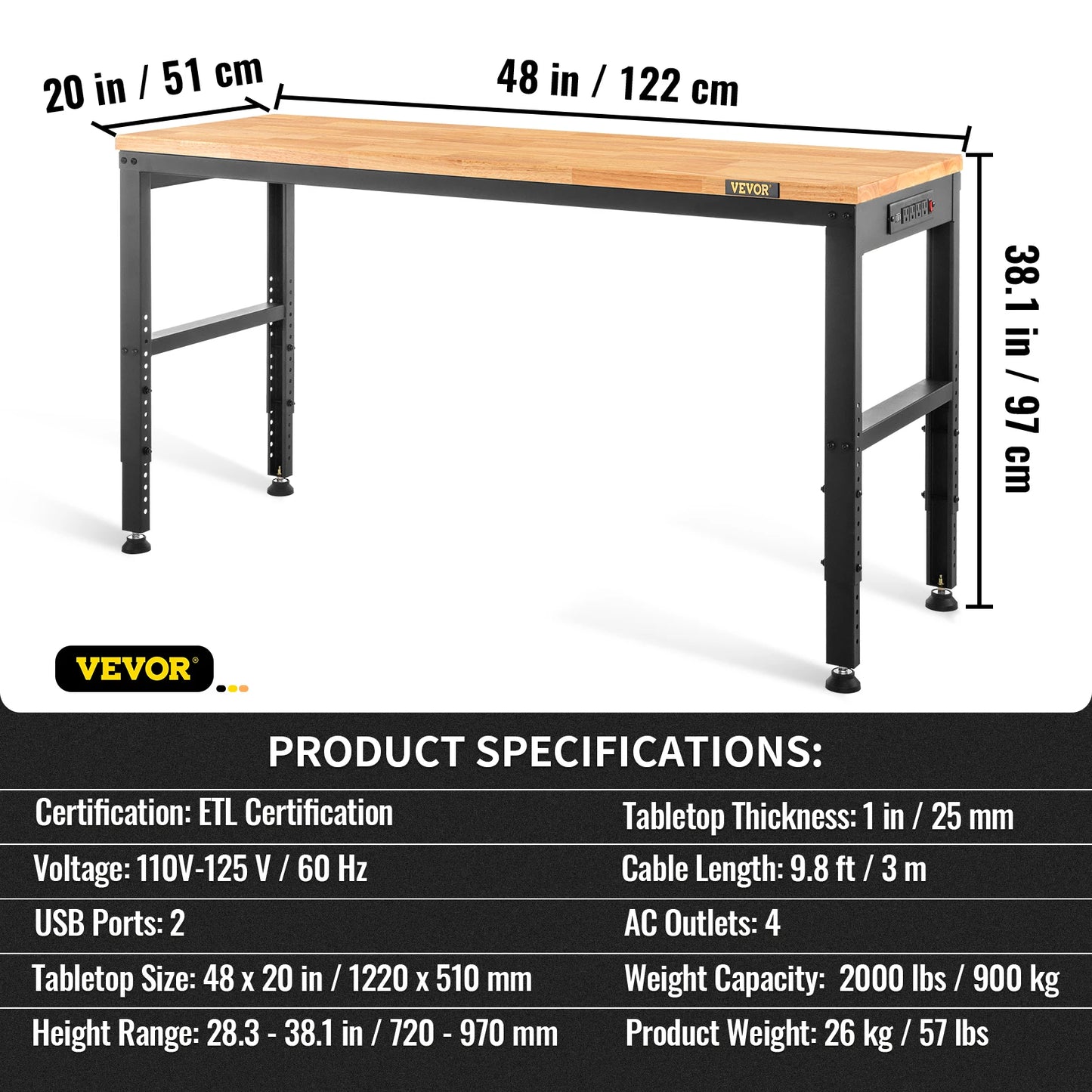 SucceBuy 72cm Woodworking Workbench Adjustable Height Oak Wood Hardwood Top Work Table 900KG Capacity for Office Home Workshop