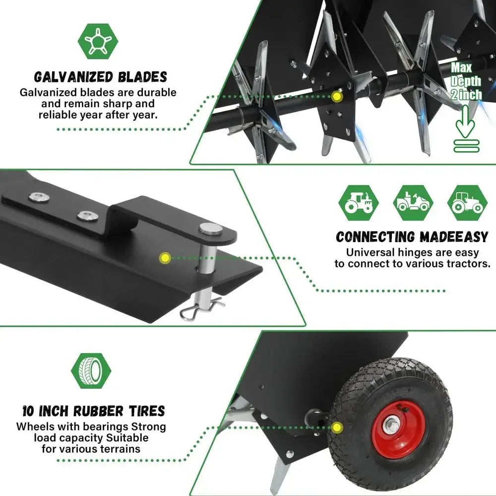 52Inch Tow Behind Lawn Plug Aerator with Universal Hitch, Lawn Aerator Tow Behind with 40 Galvanised Steel Tines,Tray and Infla