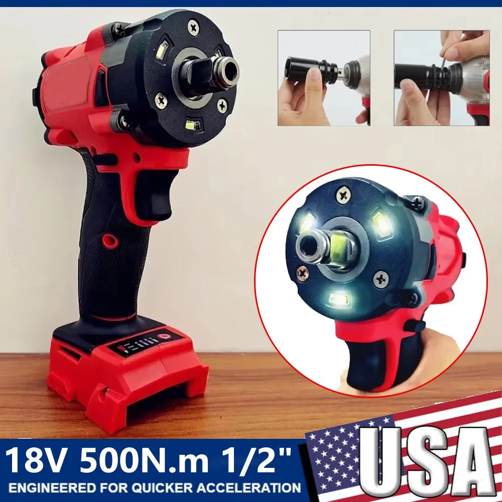 500N.m 1/2" Brushless Electric Driver Screwdriver 4 Gears Cordless Impact Wrench for Milwaukee 18V Battery Car Tires Power Tools