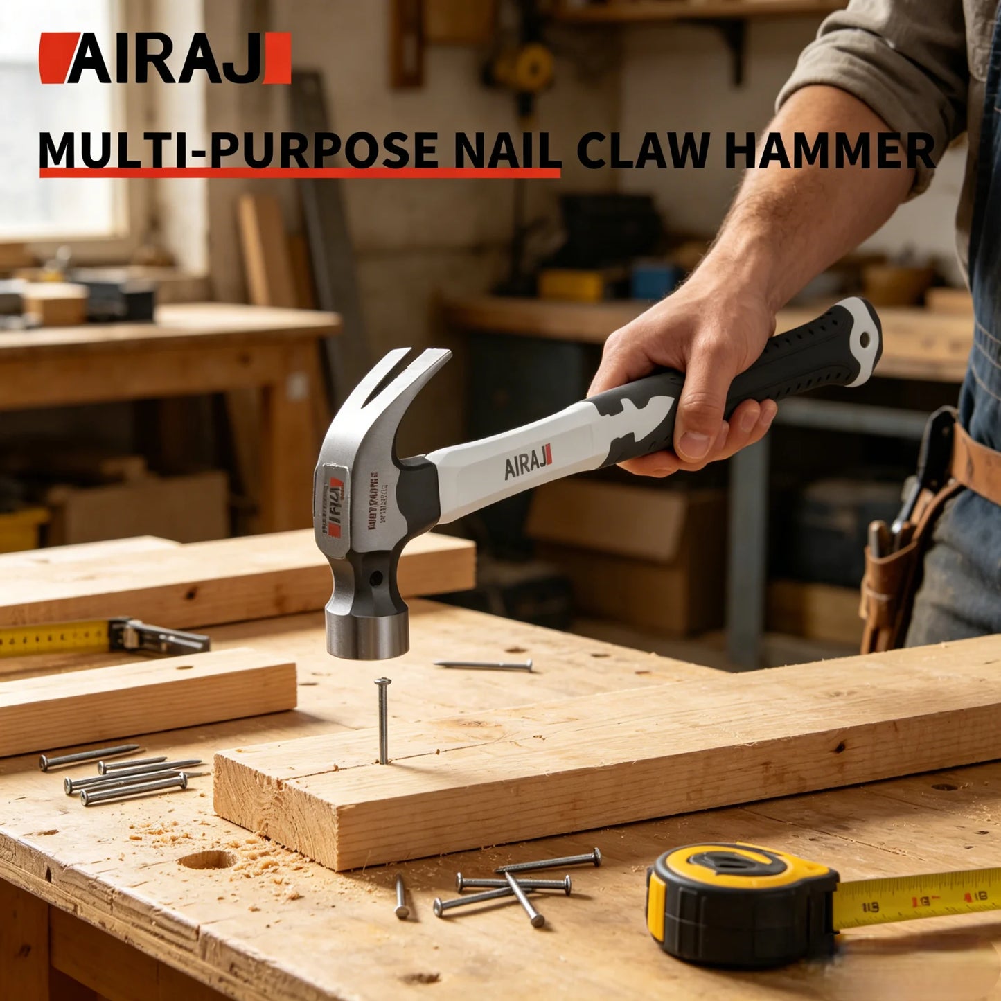 AIRAJ 6-piece set of high-carbon steel claw hammers - Durable, with non-slip handles, suitable for both industrial and household use. Available in short or long handles.