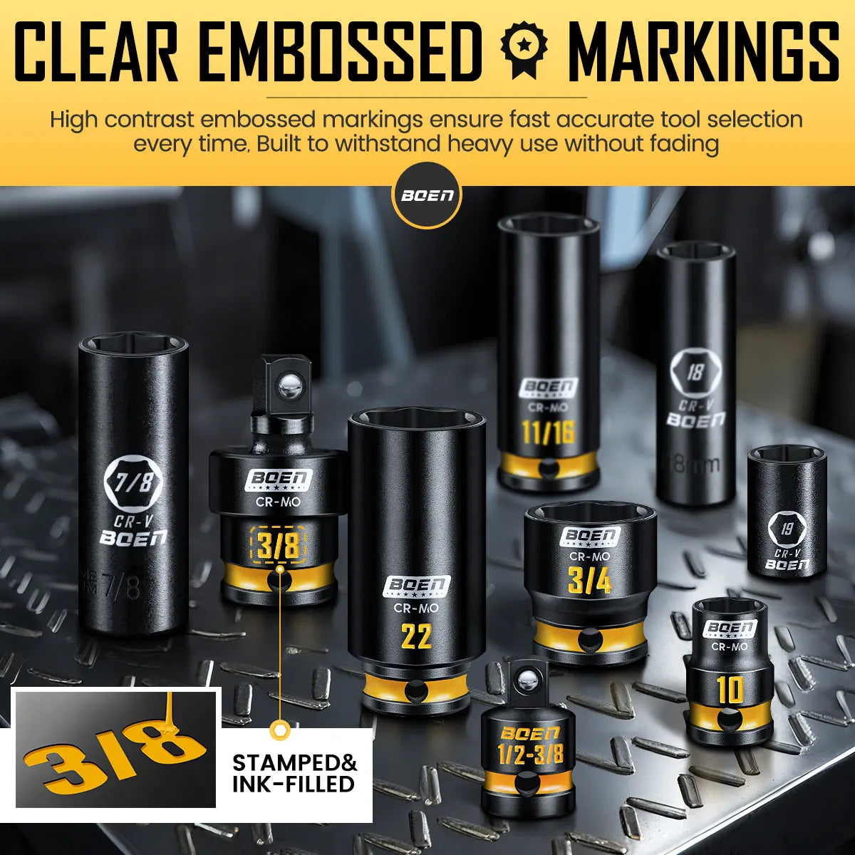boen 3/8'' Drive Impact Socket Set, 50PCS Standard SAE (5/16 to 3/4 inch) and Metric (8mm-22mm), Deep & Shallow Size, 6-Point wi