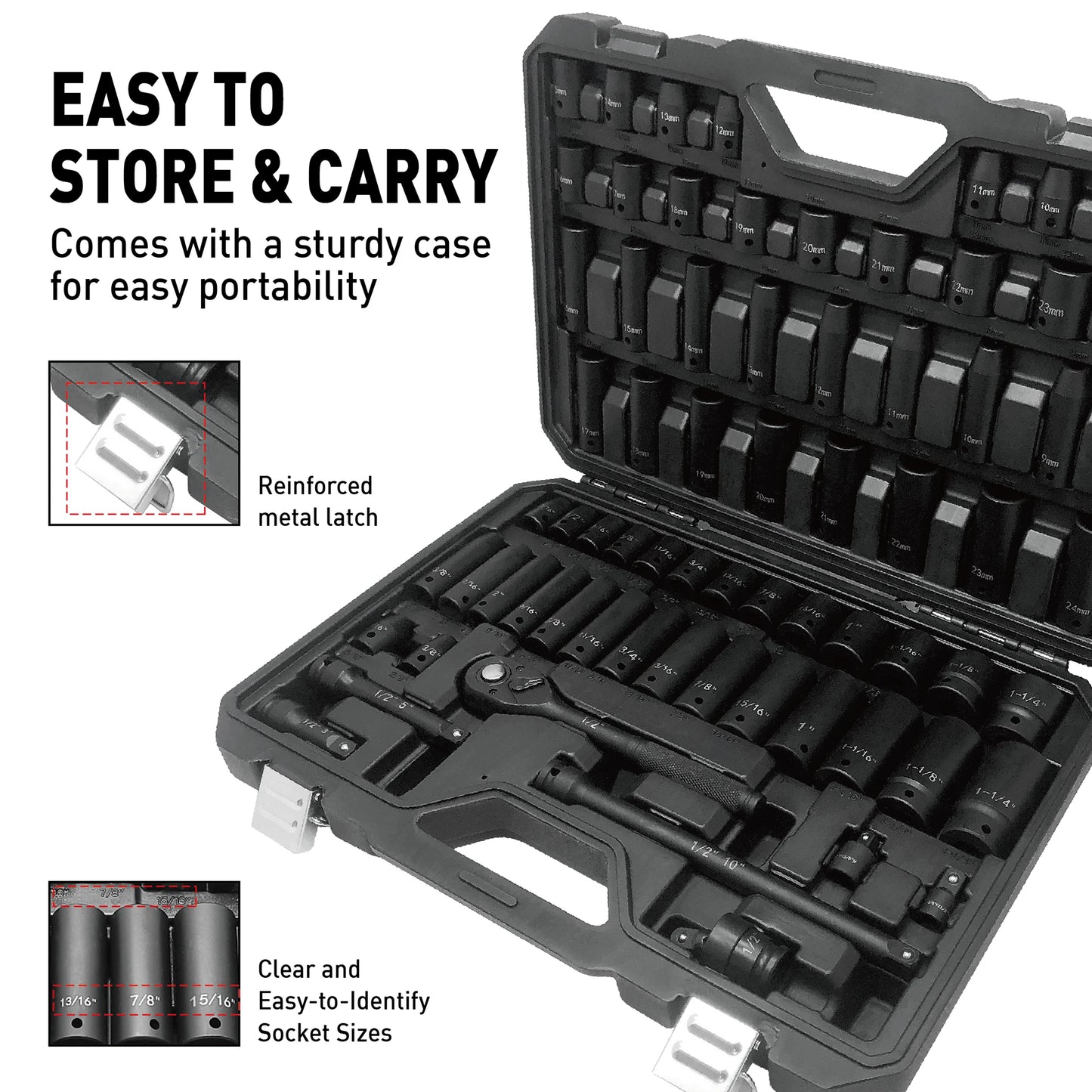 70PCs 1/2" Drive Impact Socket Set Socket Set SAE (5/16" -1-1/4")& Metric (8-24mm) 6 Point Cr-V Alloy Steel Auto Repair