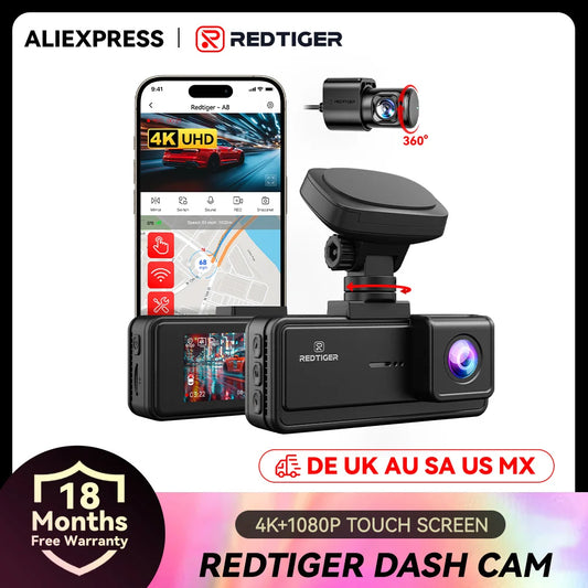 REDTIGER A8 4K Dual Dash Cam Front And Rear  Car Cam 3.18" IPS Touch Screen Built-in 5.8Ghz WiFi GPS Car DVR Night Vision