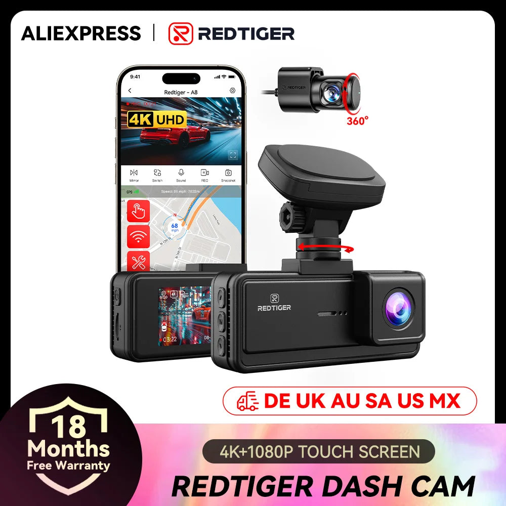 REDTIGER A8 4K Dual Dash Cam Front And Rear  Car Cam 3.18" IPS Touch Screen Built-in 5.8Ghz WiFi GPS Car DVR Night Vision