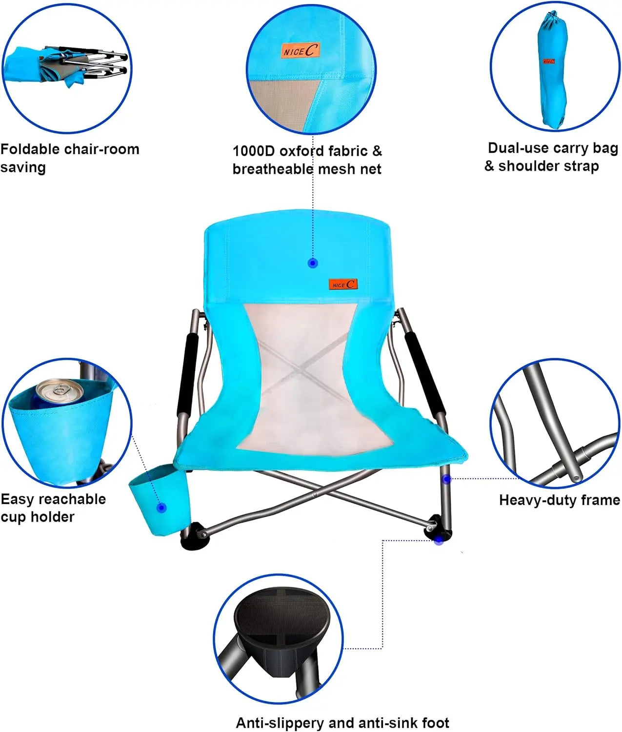 Low Beach Camping Folding Chair, Compact Backpacking River Sand Chair for Adults 2 Pack,Sillas De Playa, with Cup Holder,for Con