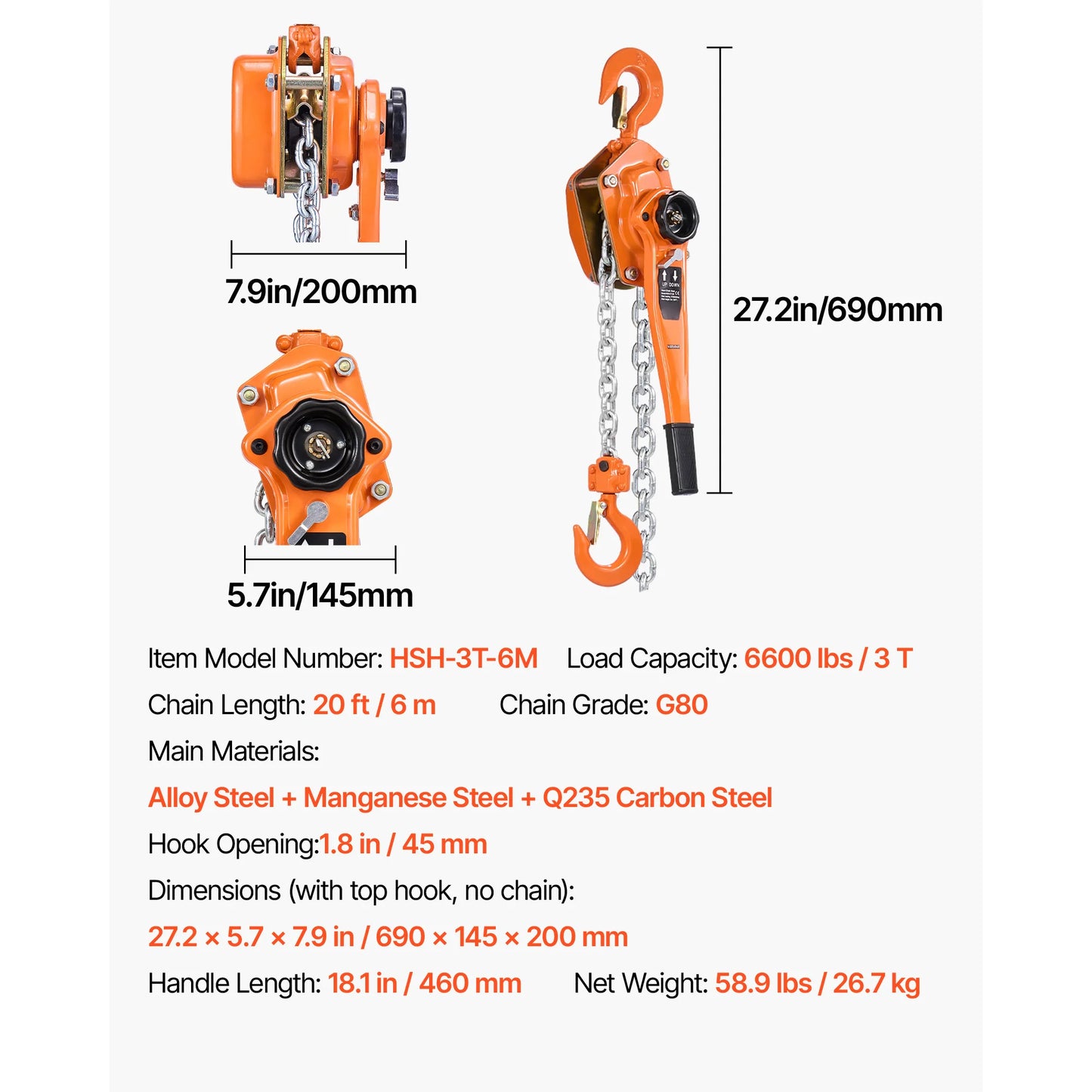 SucceBuy Manual Lever Chain Hoist 1-1/2T / 3T / 6T  Capacity Come Along 10FT/ 20FT Lift G80 Alloy Steel Chain 360°Rotating Hooks