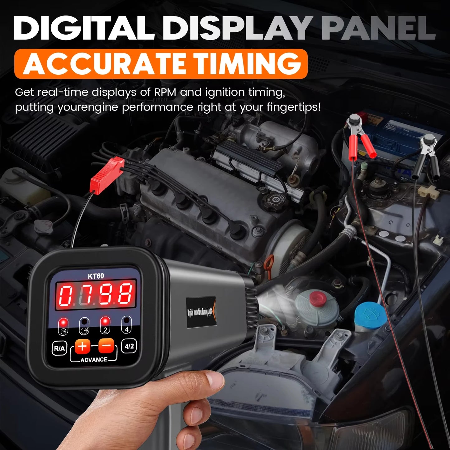 KZYEE KT60 Car Digital 2&4 Stroke Petrol Engine Timing Light 12V Auto Ignition Timing Light Inductive Strobe Lamp Detector