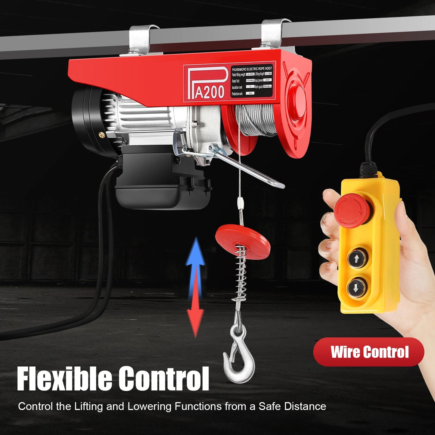 440LBS Electric Hoist Winch 110V Electric Winch with Wired Remote Control & Single/Double Slings Automatic Lift w/Emergency Stop