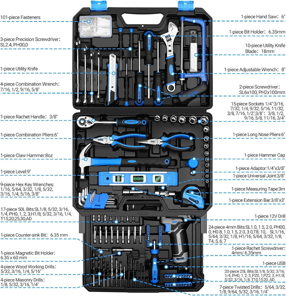 DEKO Home Mechanic Tool Set With Cordless Drill And Storage Case