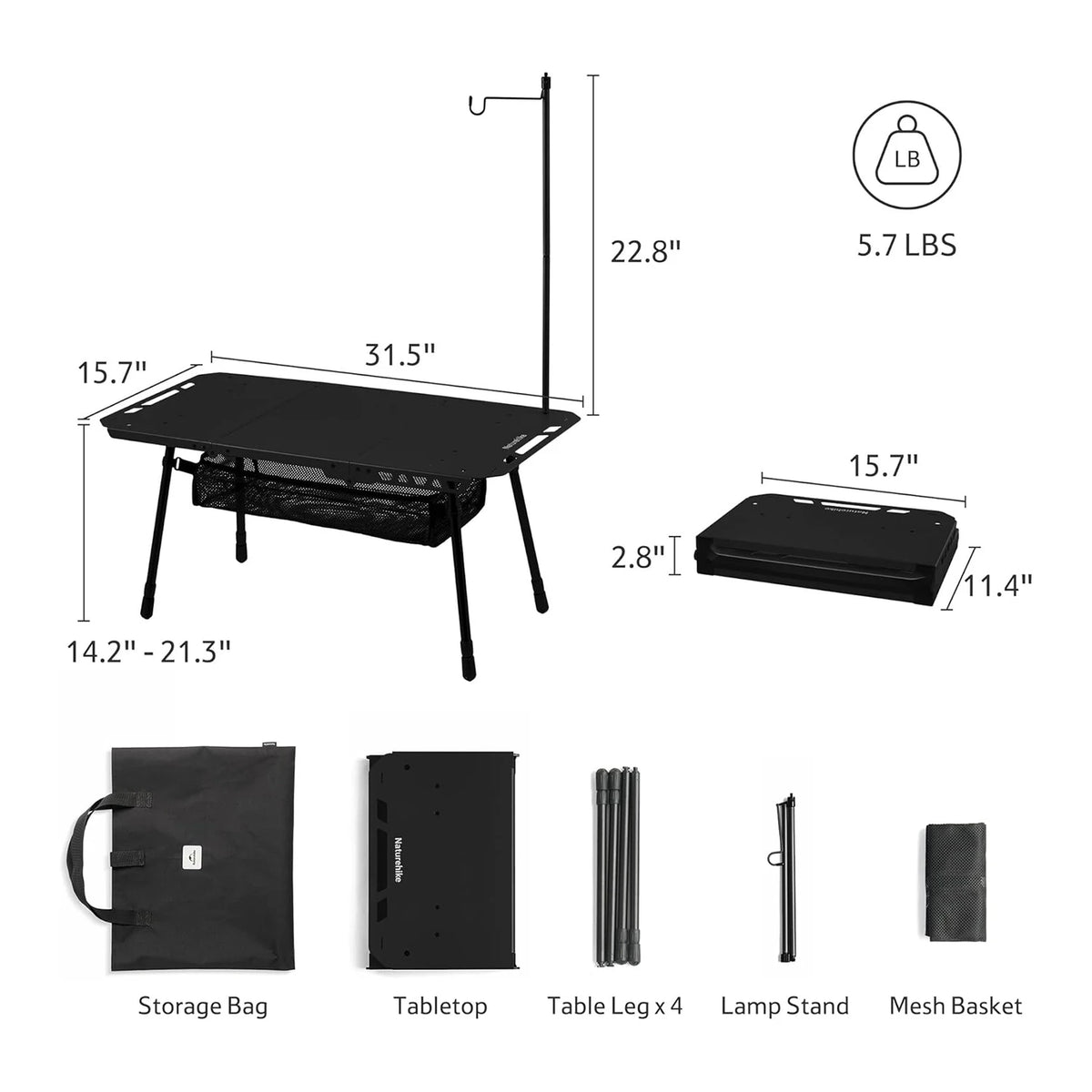 Naturehike H02 Adjustable Folding Camping Table With Storage