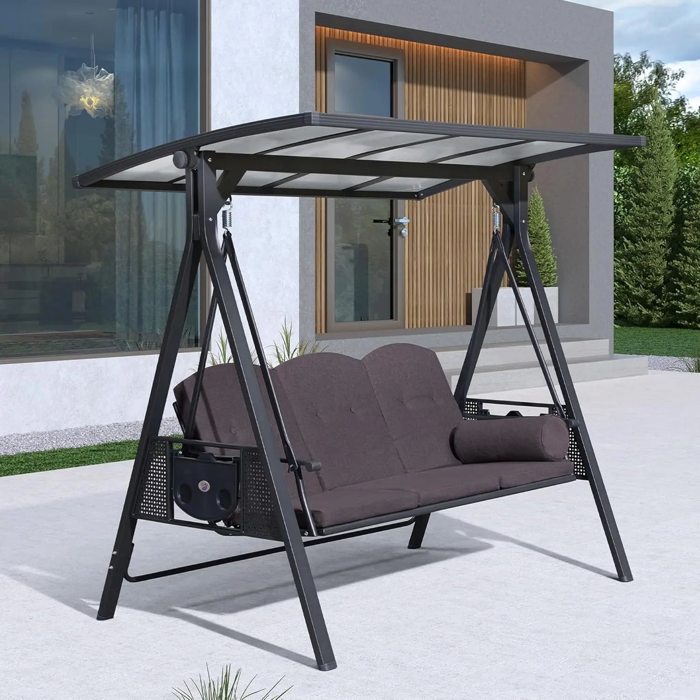 Adjustable Canopy 3-Seat Outdoor Porch Swing Chair Bench with Cup Holder Cushion Pillow for Patio Backyard Lawn, Custom