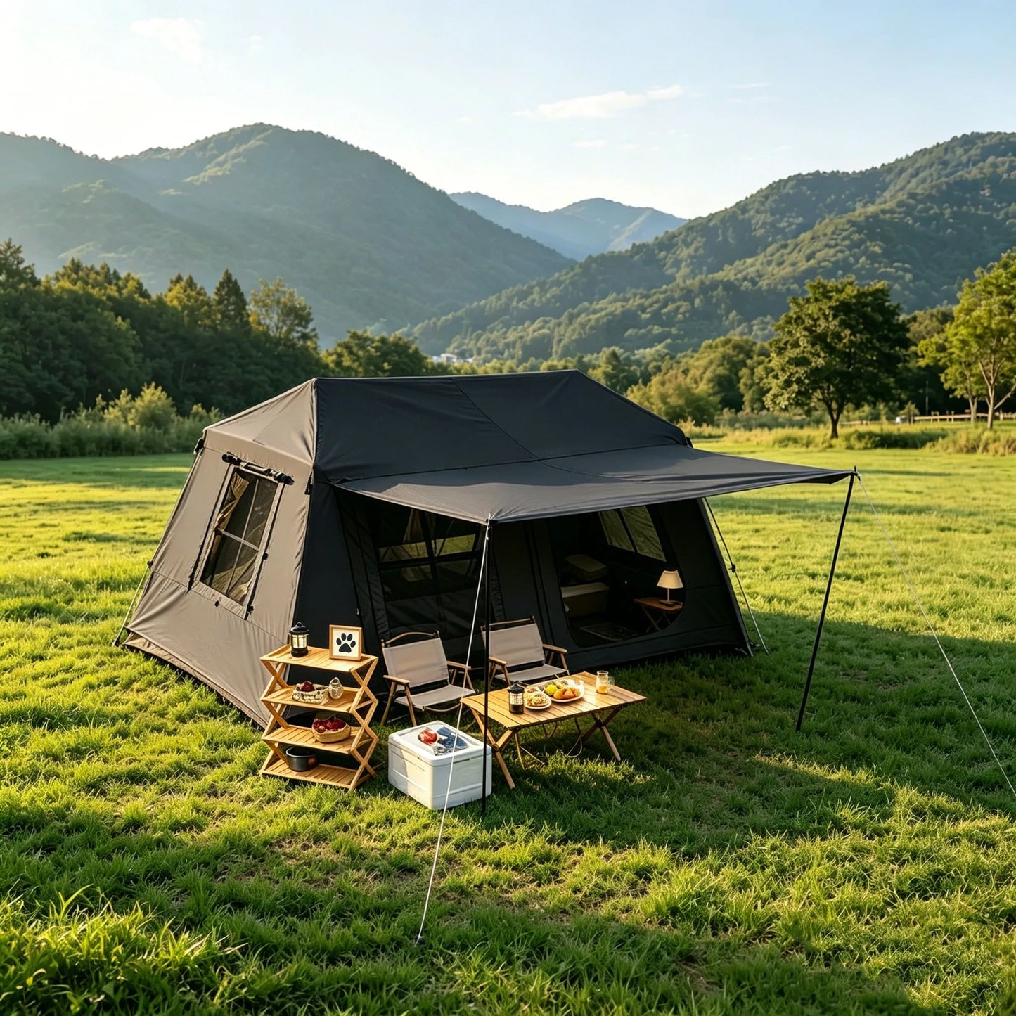 3-Second Fully Automatic Quick-Set Outdoor Camping Tent with Built-in Front Awning; Spacious Interior Ideal for Family Overnight Stays; All-Weather Protection Against Rain, Sun, and Mosquitoes; Well-Ventilated; Suitable for A