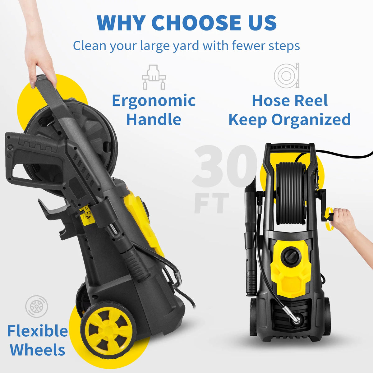 SucceBuy Electric Pressure Washer Power Washer Quick Connect Nozzles Foam Cannon Retractable Handle for Portable to Clean Patios