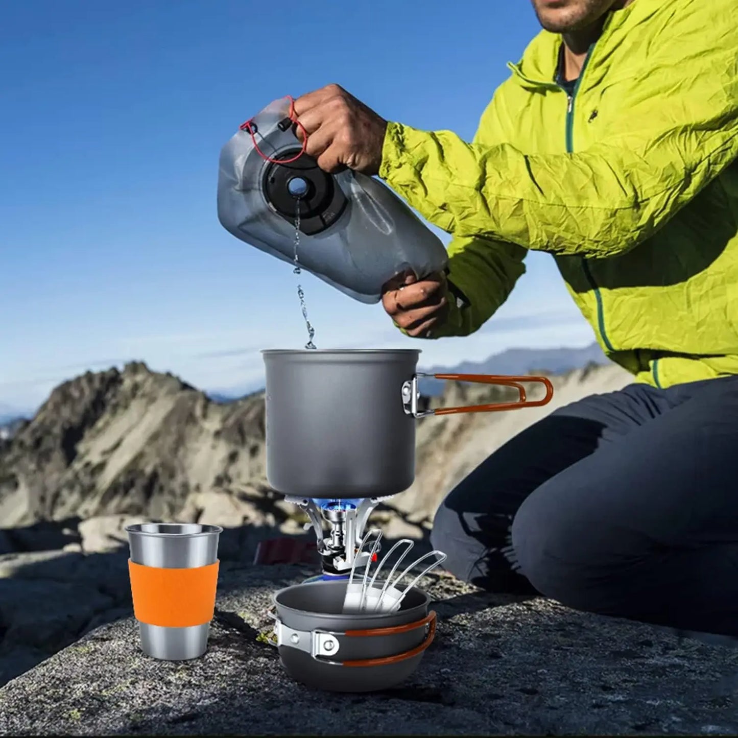 Camping Cookware Stove Carabiner Canister Stand Tripod Stainless Steel Cup Tank Bracket Fork Spoon Kit For Backpacking Outdoor Camping Hiking Picnic