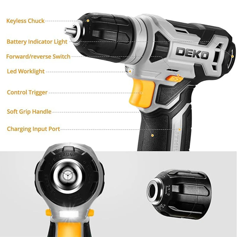 DEKO Cordless Drill Driver Set With Keyless Chuck LED Light