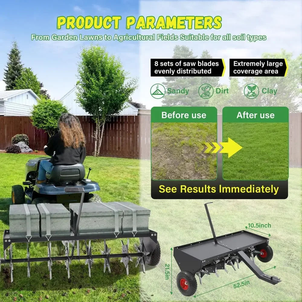 52Inch Tow Behind Lawn Plug Aerator with Universal Hitch, Lawn Aerator Tow Behind with 40 Galvanised Steel Tines,Tray and Infla