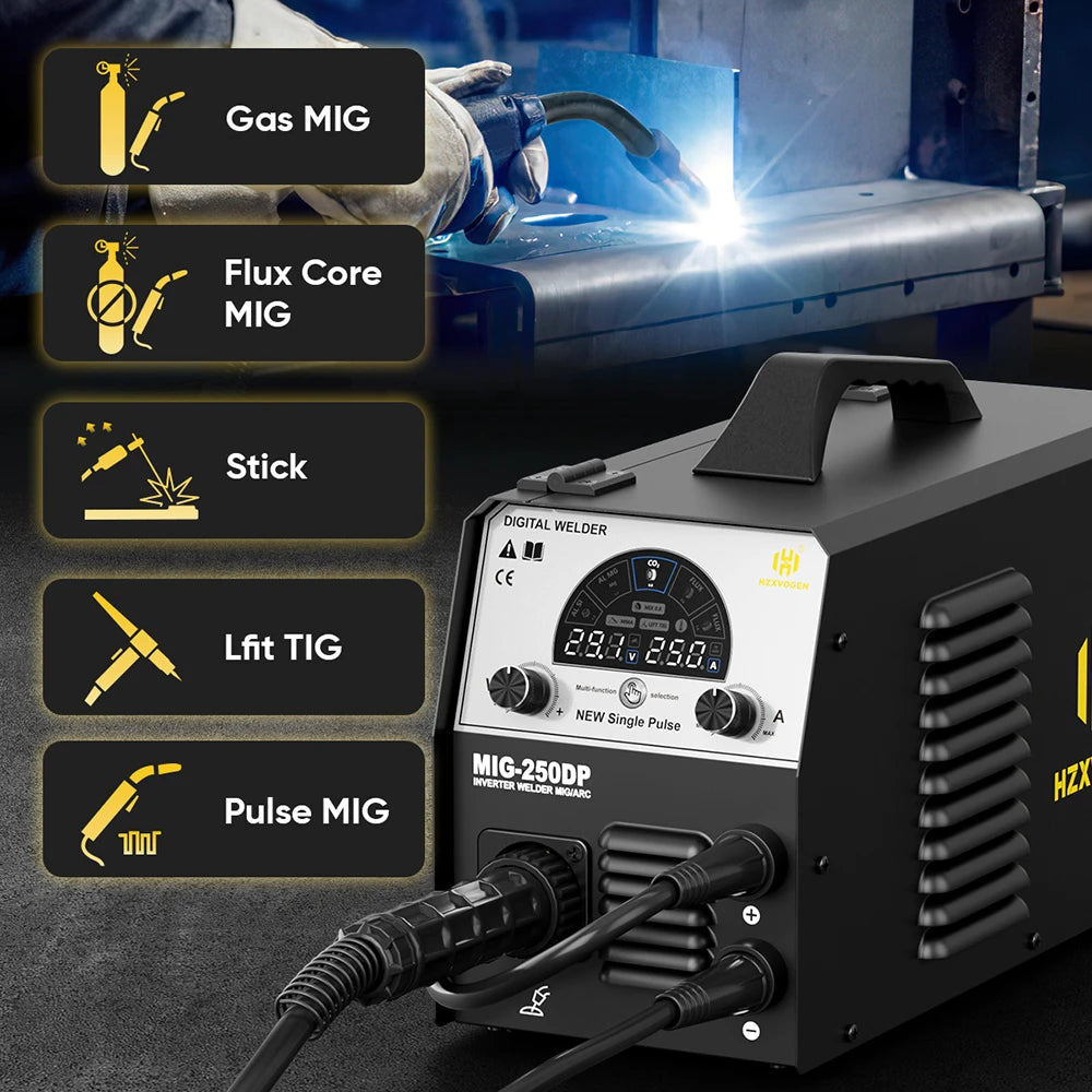 HZXVOGEN MIG250 Aluminum Welding Machine 5 in 1 Stick/Gas MIG/Gasless MIG/Lift TIG/Single Pulse Synergic Control Welder 110/220V