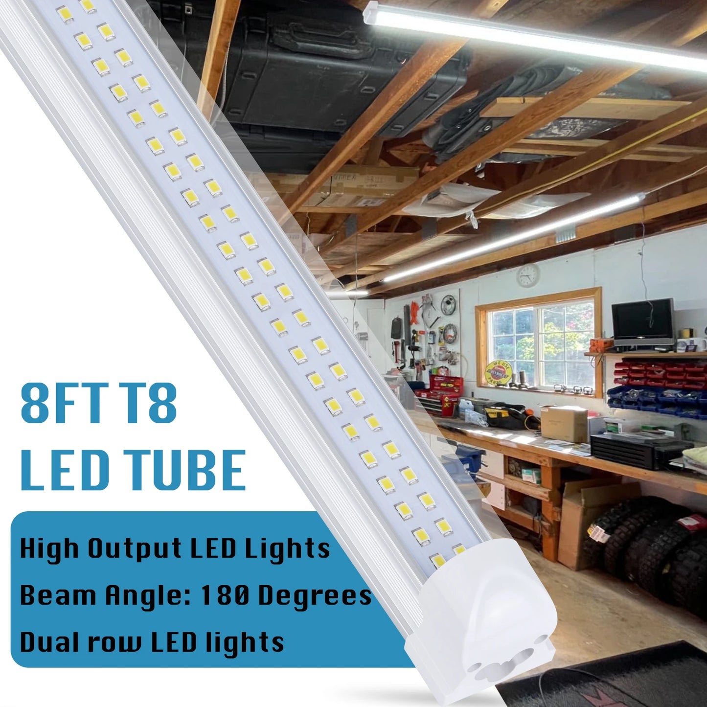 8FT Shop Light 100W 15000LM 6000K | 12-Pack Linkable Flat Led Shop Light | Plug & Play T8 Tube Lights for Garage, Warehouse,